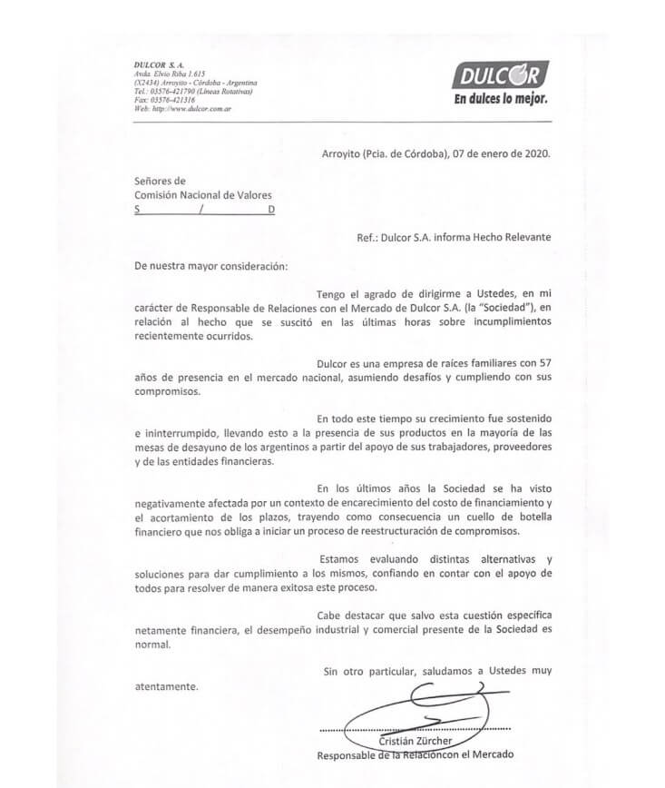 Dulcor: carta enviada a la Comisión Nacional de Valores