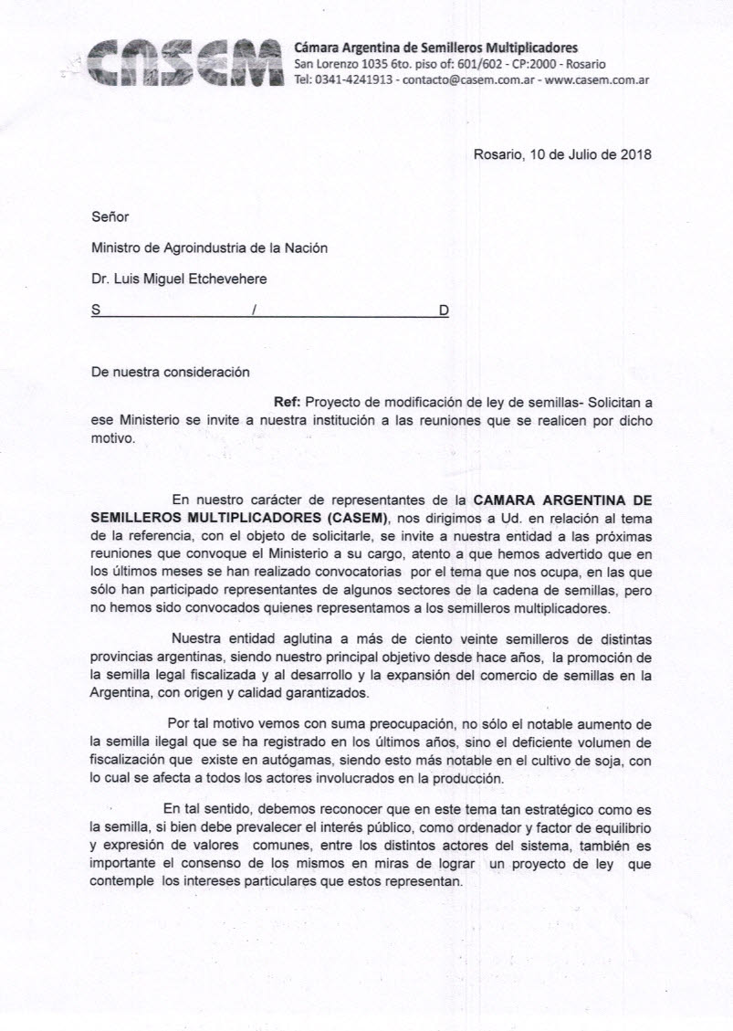 Semilleros multiplicadores le reclamaron al Gobierno que los incluya en el debate 1 NOTA AL MINISTRO ETCHEVEHERE HOJA 1 11 07 18