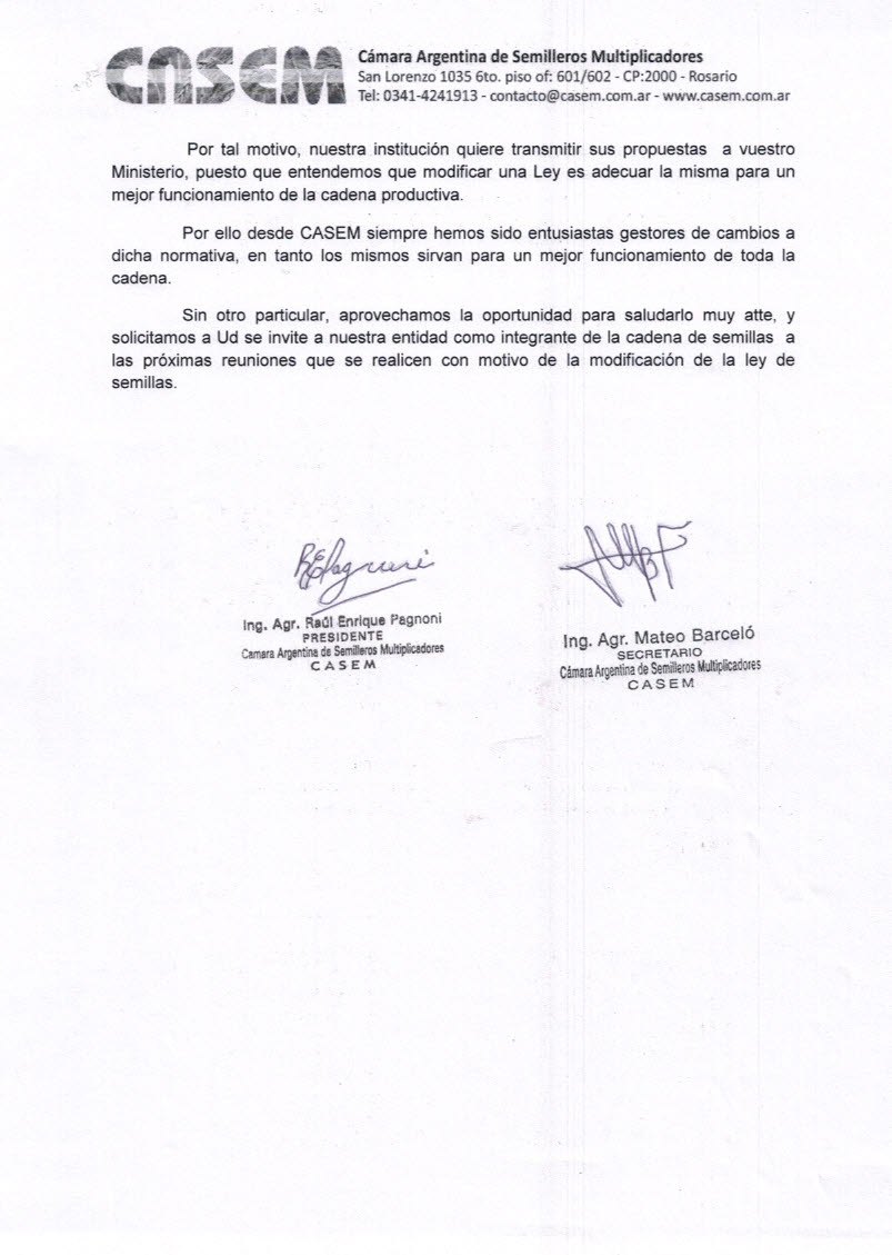 Semilleros multiplicadores le reclamaron al Gobierno que los incluya en el debate 2 NOTA AL MINISTRO ETCHEVEHERE HOJA 2 11 07 18
