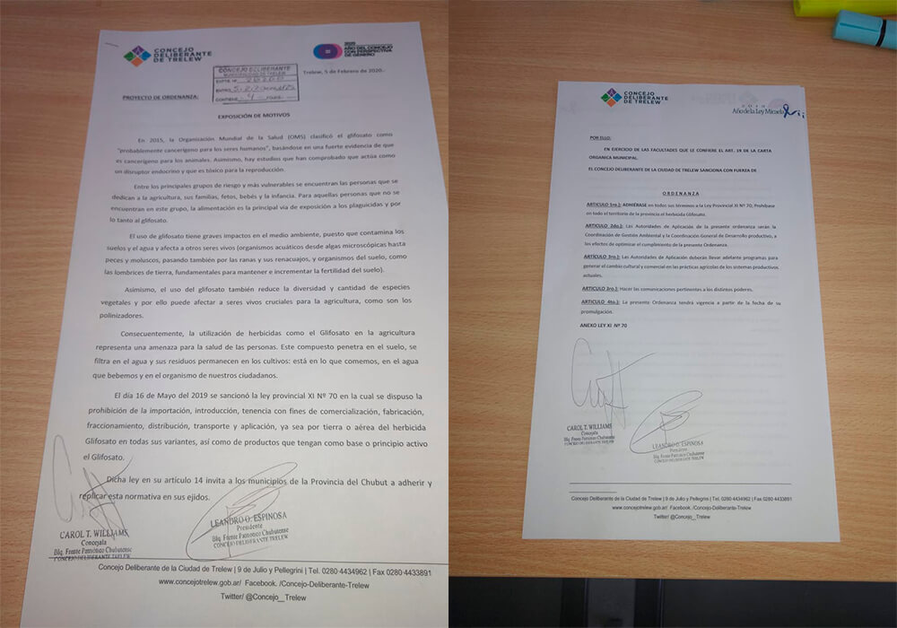 Chubut (Trelew) - Ordenanza de concejales de Trelew sobre la prohibición del glifosato