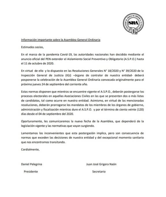 Comunicado de la SRA sobre la elecciones