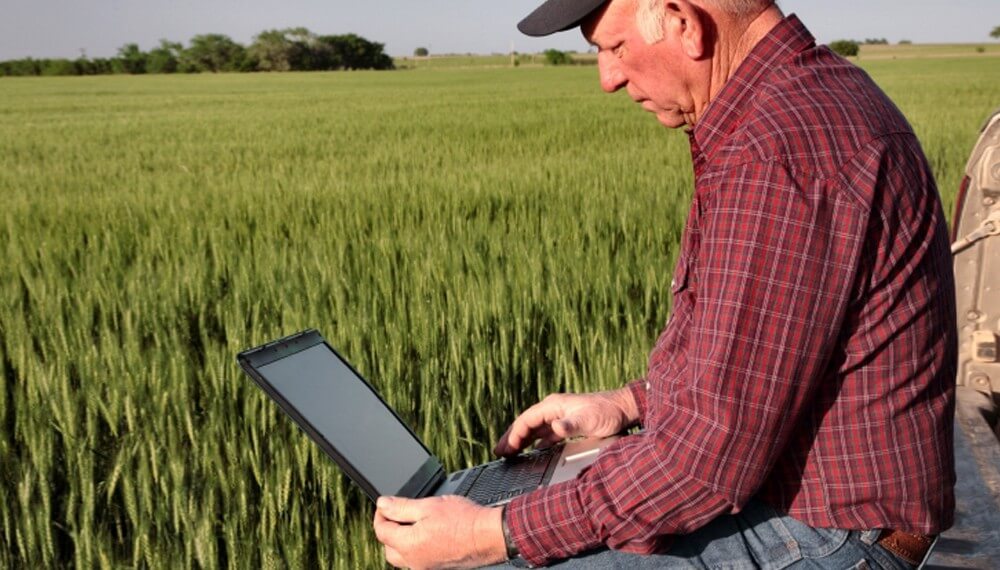 Productor con laptop en el campo