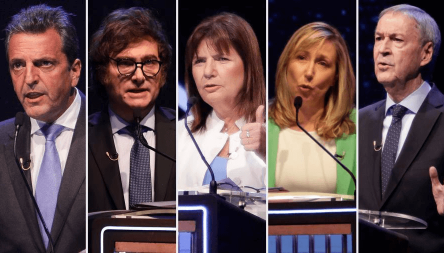 Massa, Milei, Bullrich, Bregman y Schiaretti, los cinco candidatos en el debate presidencial. (Télam)