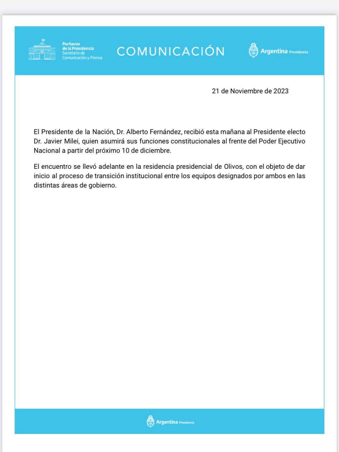 Javier Milei y Alberto Fernández se reunieron en Olivos y pusieron en marcha la transición 1 Comunicado