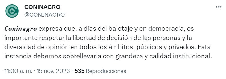 El presidente del INTA pidió el voto a Sergio Massa y la Mesa de Enlace lo cruzó 2 Coninagro tuit