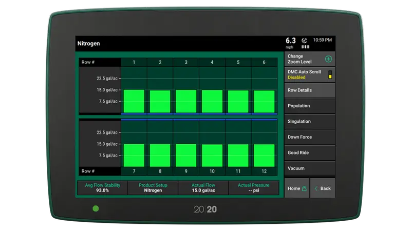 La maquinaria agrícola motoriza innovaciones para dejar una menor huella ambiental 6 Precision Planting Flow Sense FlowSense muestra la dosis de fertilizante aplicada en cada surco